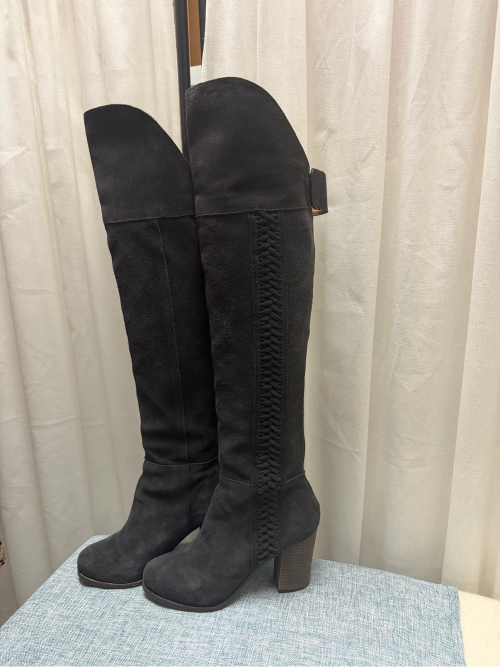 DV by Dolce Vita Black Suede Knee High Boots Size 8 Braided Block Heel